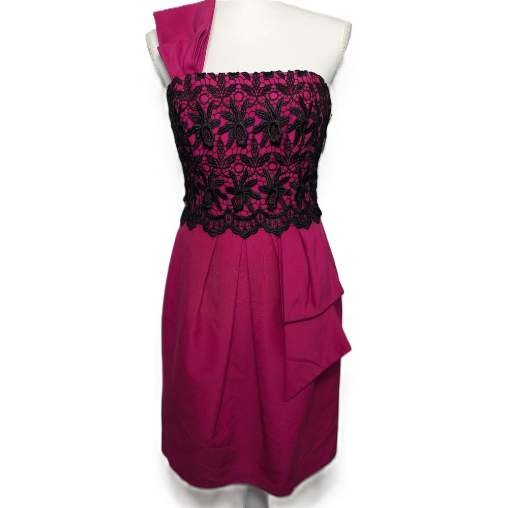 Kay Unger Cocktail Mini Dress w/ Pleated One-Shoulder Design Hot Pink/Black 6